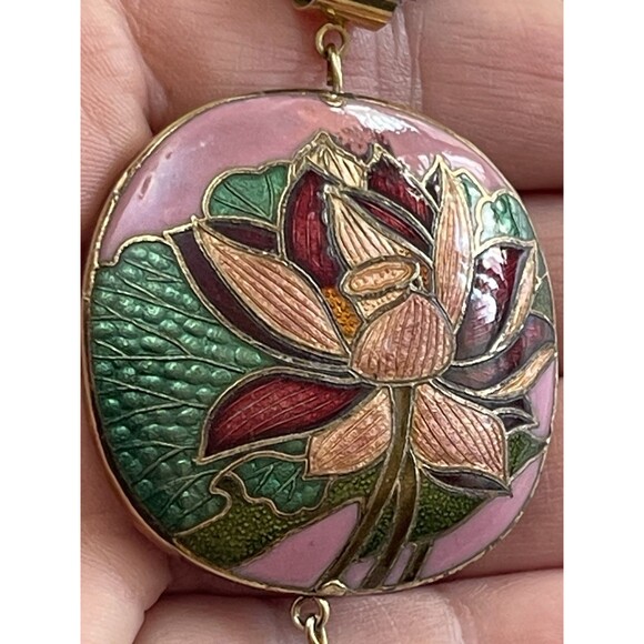 Vintage Cloisonné Pendant Necklace 1.75" w/ Tassel on 30" Navy Cord Boho - Picture 3 of 8